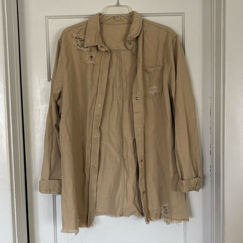 Zara Distressed Tan Button-Up Shacket with Pocket Detail
